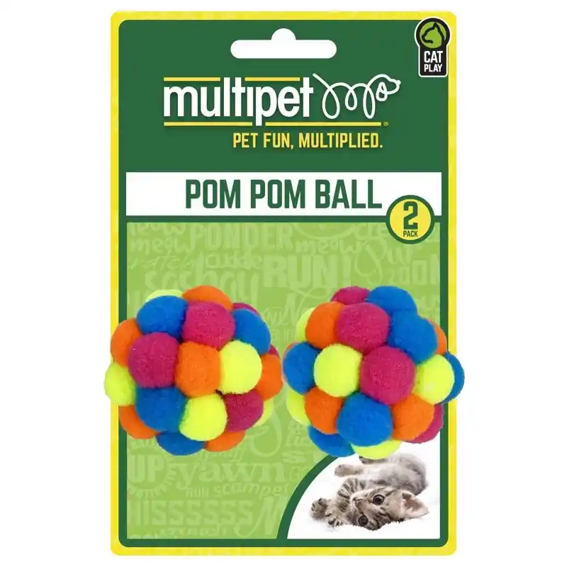 Multipet For Cat Assorted Plush Pom Pom Ball Cat Toy 2 Pk