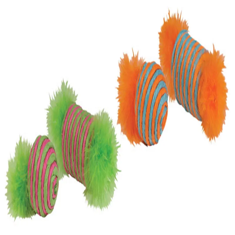 Chomper Kylies Brights Assorted Raffia Raffia Spool And Ball With Feather Cat Toy Large 2 Pk