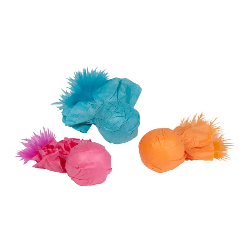 Kylies Brights Assorted Plastic Paper Ball Rattlers With Feather Cat Toy Large 3 Pk