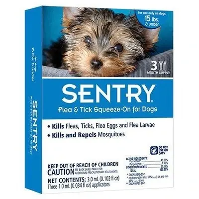 Sentry Flea & Tick Squeeze On Control Drops For Dogs & Puppies 15 Lbs. & Under