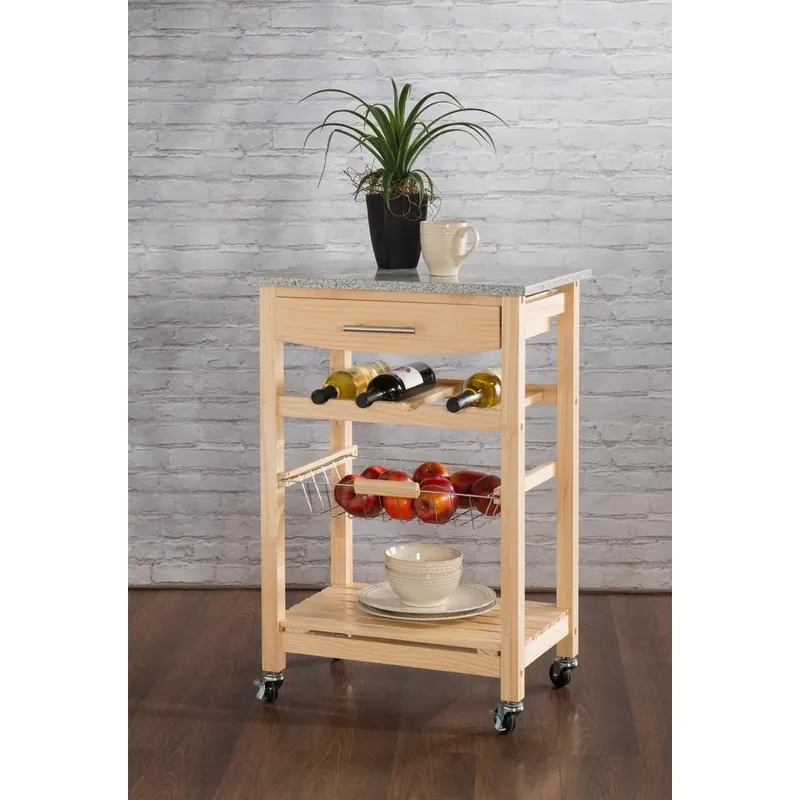 22 Inch Wide Kitchen Island Cart With Natural Finish Granite Top And Storage