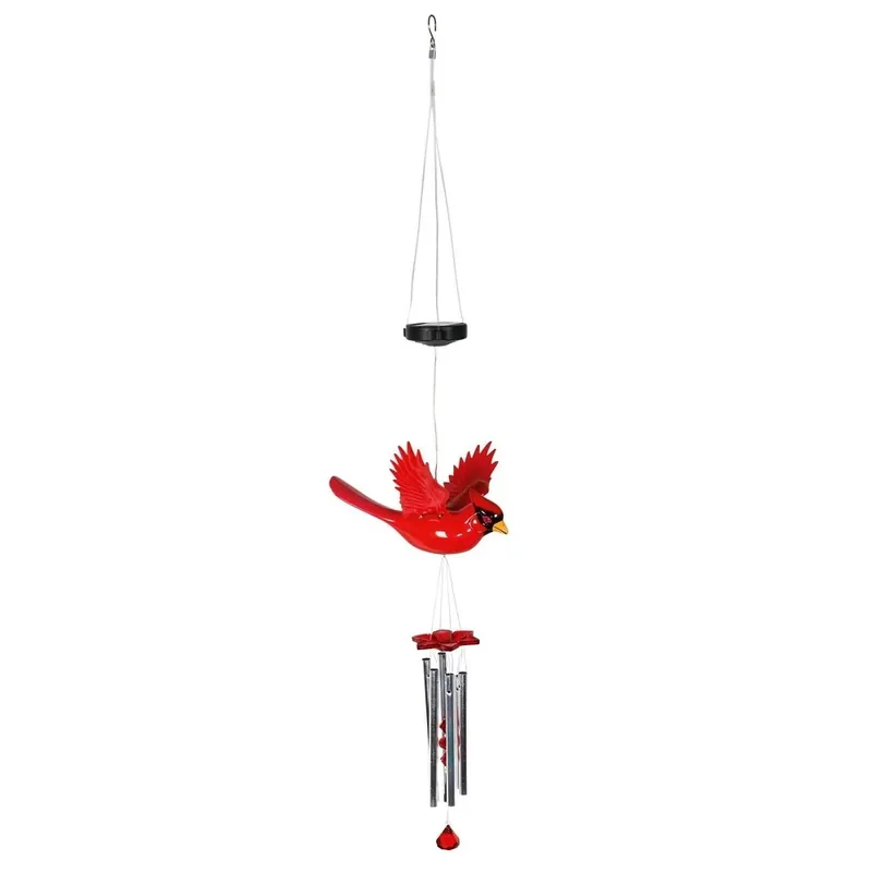 Solar Red Cardinal Fluttering Wings Metal Wind Chimes With Led Lighting