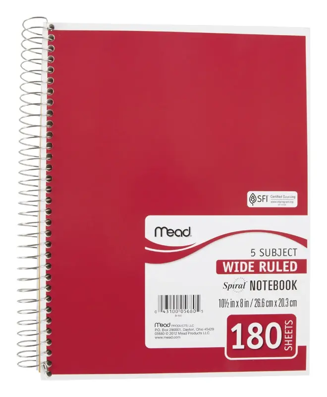 8 In. W X 10-1/2 In. L Wide Ruled Spiral Notebook - 180 Sheets, 5 Subjects