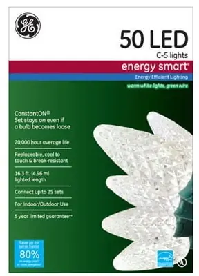 GE Energy Smart 50-Count Indoor/Outdoor Constant Warm White LED C5 Copper Wire Christmas String Lights ENERGY STAR