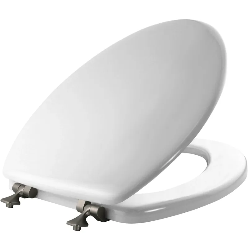 Elongated Molded Wood Toilet Seat, STA-TITE® Brushed-Nickel Hinge, White