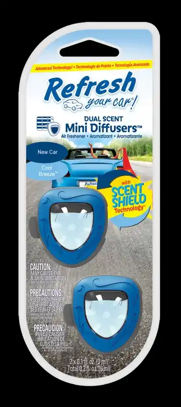 Refresh Your Car! Mini Diffusers New Car /Cool Breeze Scent Car Air Freshener 0.2 Oz Liquid 2 Pk