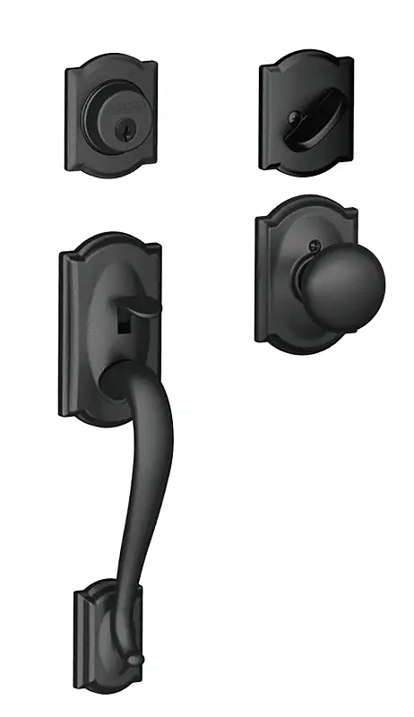 Schlage Camelot Matte Black Handleset With Single Cylinder Deadbolt And Plymouth Knob