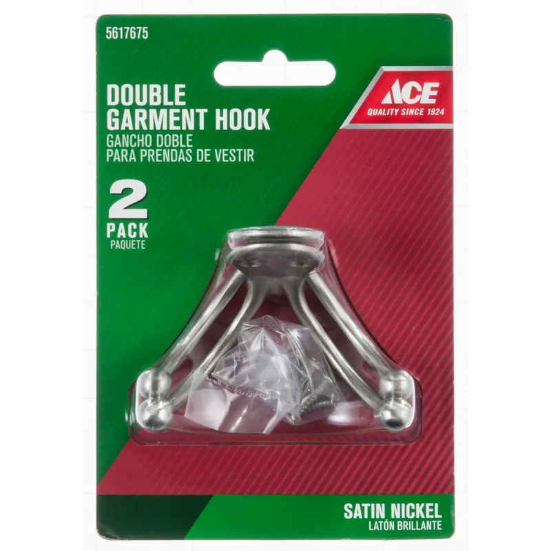Ace 1 In. L Satin Nickel Silver Brass Small Double Garment Hook 2 Pk
