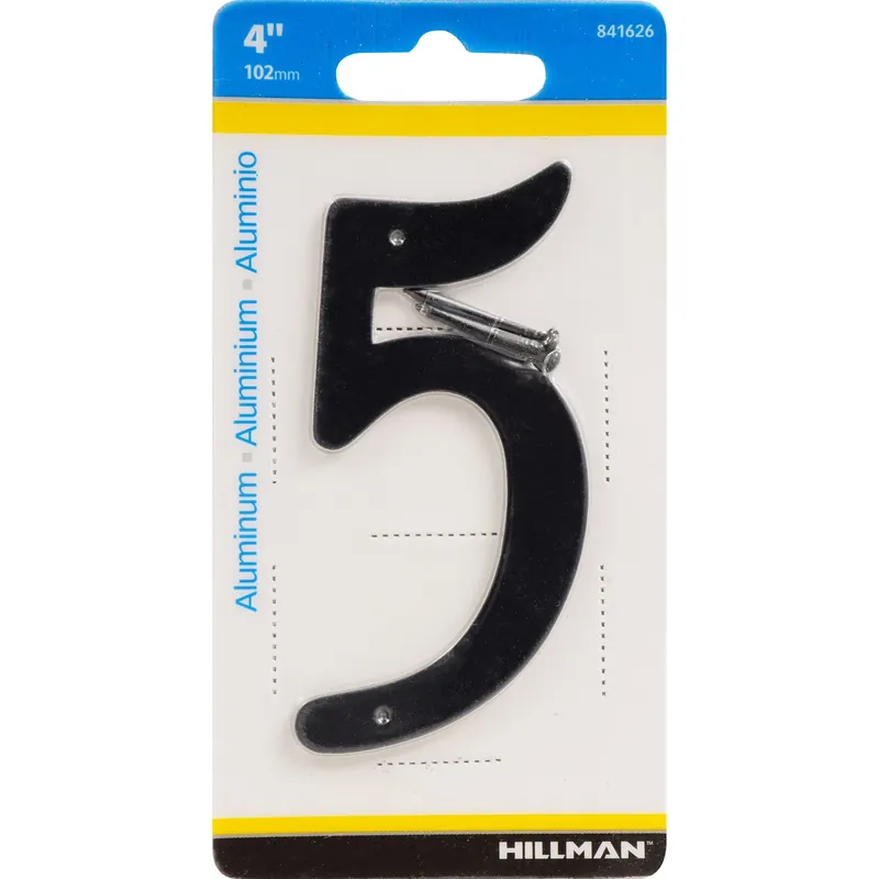 House Address Number 5, Nail-On, Black Finished Aluminum, 4-In.