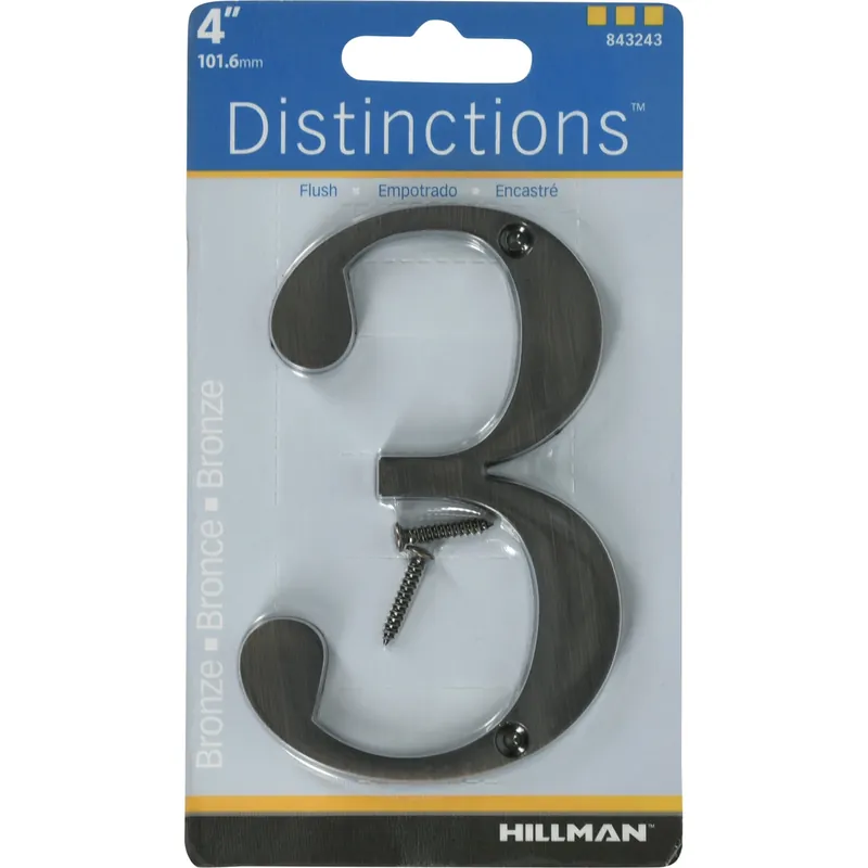 Distinctions House Address Number 3, Screw-In, Bronze Zinc, 4-In.