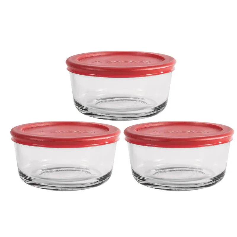 Anchor Hocking Clear 2‑Cup Glass Storage Jars – 3‑Piece Set With Red Lids