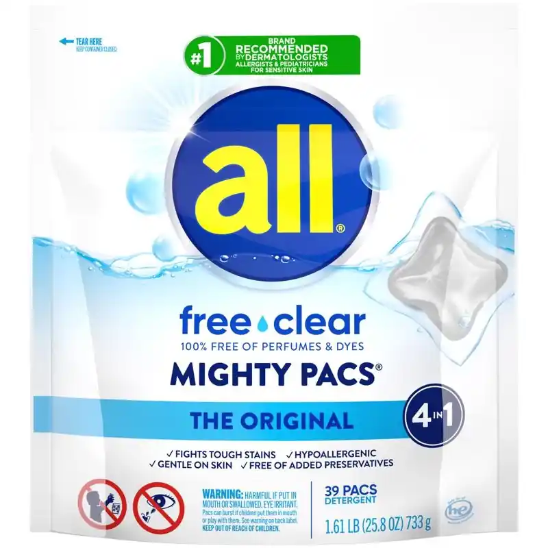 All Mighty Pacs Free & Clear Scent Laundry Detergent Pod 25.8 Oz 39 Pk