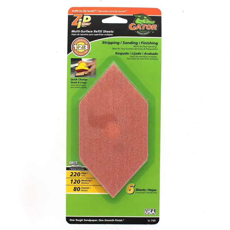 Gator Zip Sander 6 In. L X 3 In. W 80/120/220 Grit Aluminum Oxide Sanding Sheet 6 Pk