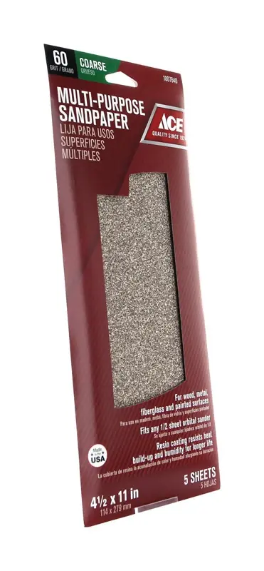 Ace 11 In. L X 4-1/2 In. W 60 Grit Coarse Aluminum Oxide Sandpaper 5 Pk