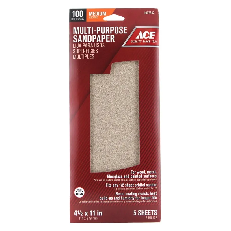 Ace 11 In. L X 4-1/2 In. W 100 Grit Medium Aluminum Oxide Sandpaper 5 Pk