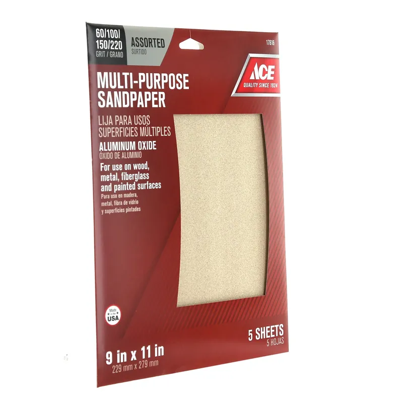 Ace 11 In. L X 9 In. W Assorted Grit Assorted Aluminum Oxide Sandpaper 5 Pk