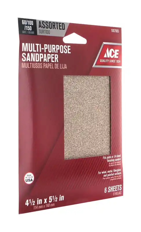 Ace 5-1/2 In. L X 4-1/2 In. W Assorted Grit Aluminum Oxide 1/4 Sheet Sandpaper 6 Pk