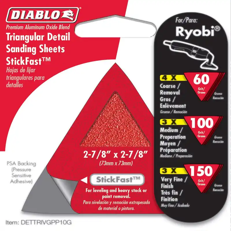 Diablo 2-7/8 In. L X 2-7/8 In. W Assorted Grit Aluminum Oxide Detail Sanding Triangle 10 Pk