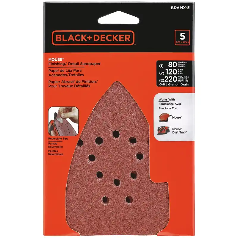 Black+Decker Mouse 5-1/4 In. L X 3-3/4 In. W 80/120/220 Grit Aluminum Oxide Sandpaper 5 Pk