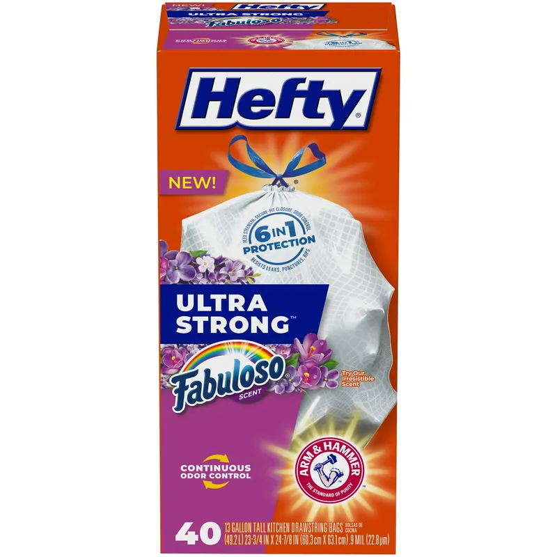 Hefty Ultra Strong 13 Gal Fabuloso Tall Kitchen Bags Drawstring 40 Pk