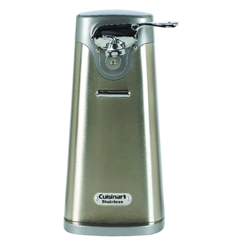Gray Electric Can Opener With Magnetic Lid Holder And Stainless Steel Finish