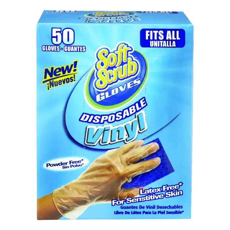 Soft Scrub Vinyl Disposable Gloves One Size Fits Most Clear Powder Free 50 Pk