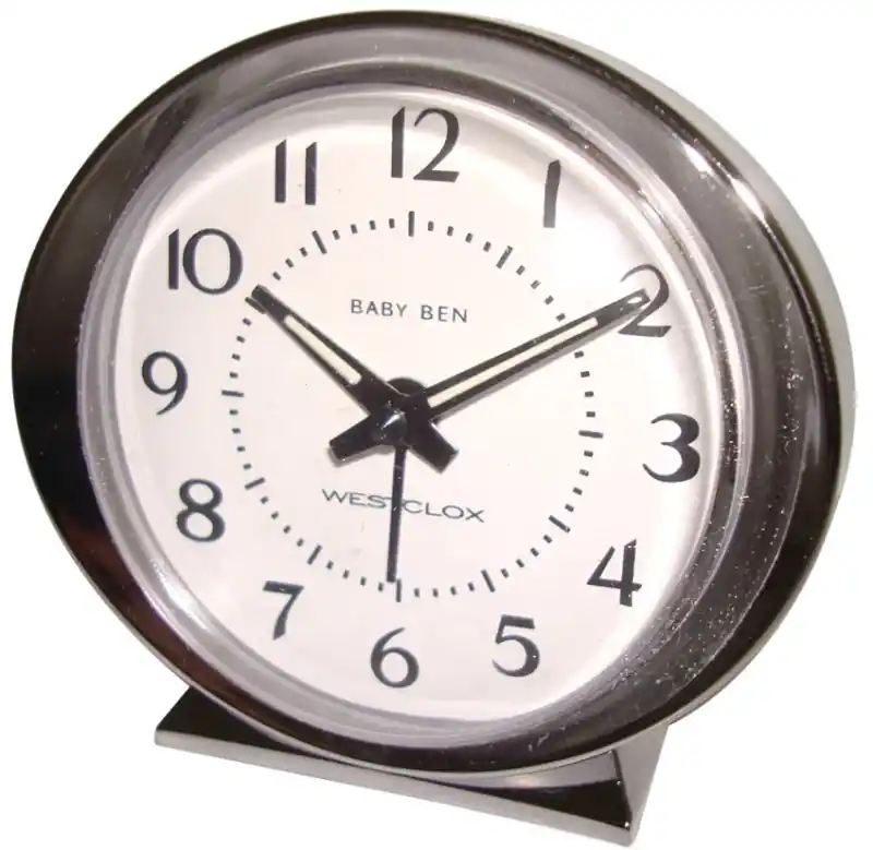 1964 Baby Ben Alarm Clock, Battery-Operated, Silver