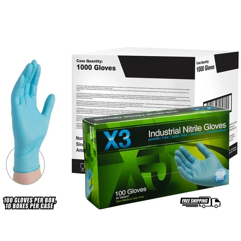 X3 Blue Nitrile Industrial Latex Free Disposable Gloves (Case Of 1000)