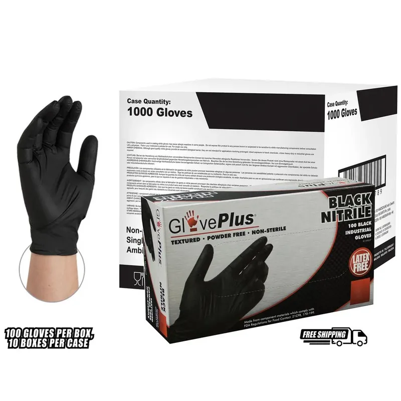 Black Nitrile Industrial Disposable Gloves, Latex Free, Powder Free, Medium, Case Of 1000