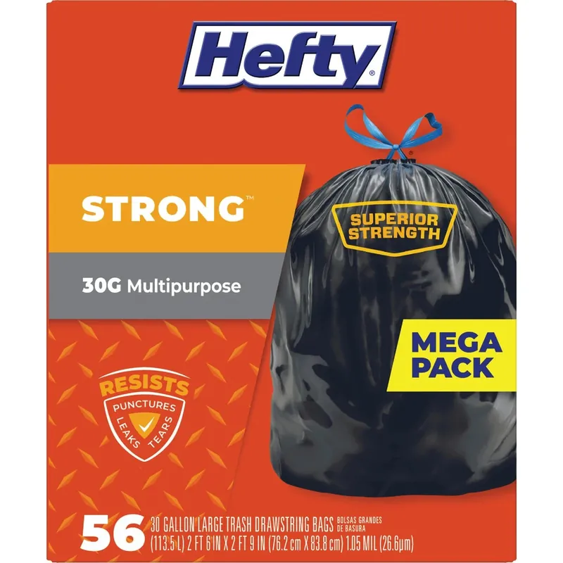 Strong 30 Gallon Large Black Trash Bags With Drawstring Closure - 56 Count