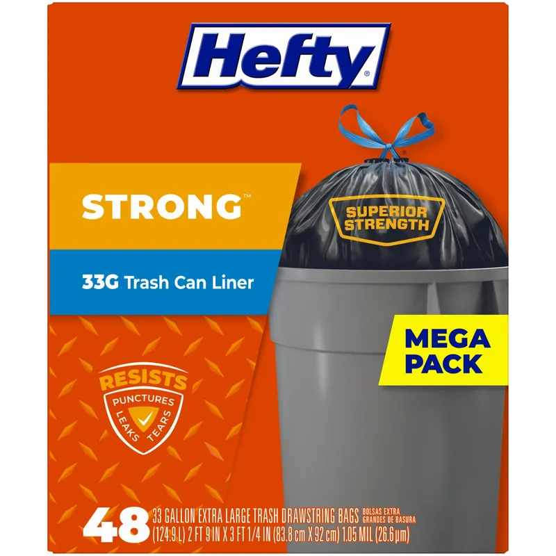 Hefty Extra Strong 33 Gal No Scent Trash Can Liners Drawstring 48 Pk
