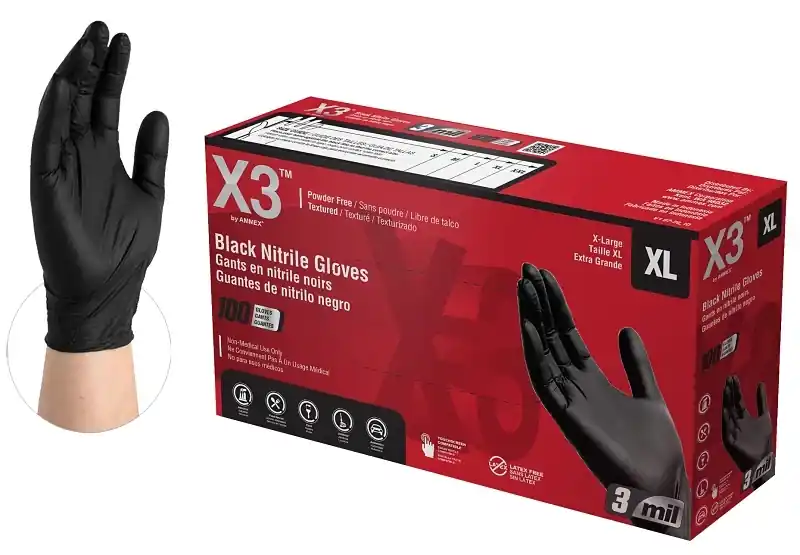 Bx3 Black Nitrile Industrial Disposable Gloves, Powder Free, Latex Free, Extra Large, 1000 Count