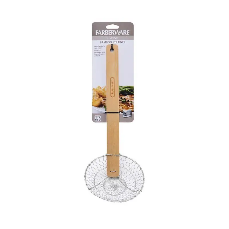 Tan/silver Bamboo And Stainless Steel Asian Strainer With Extra-long Handle