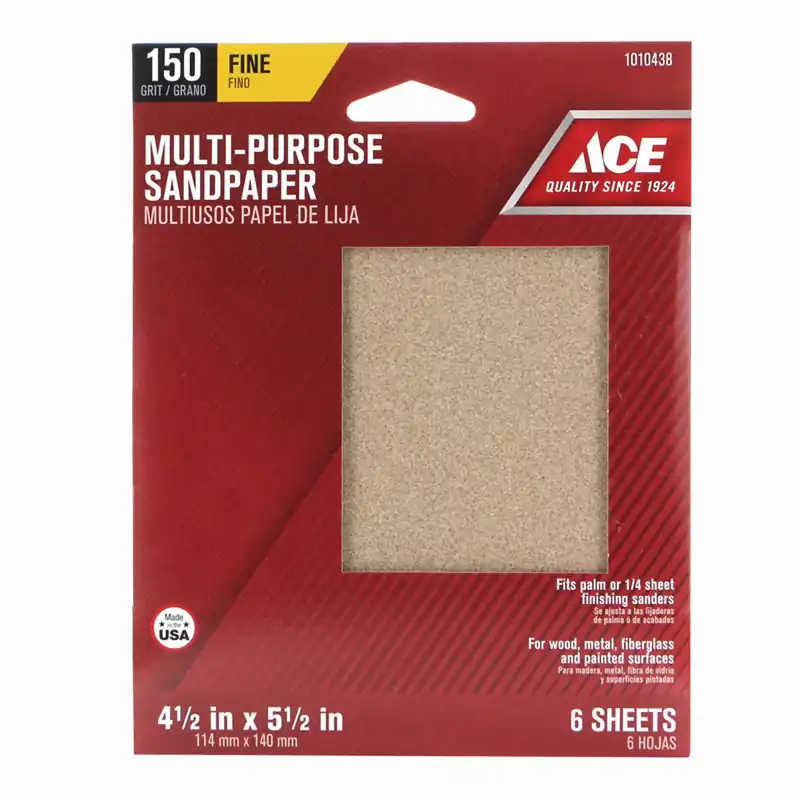 Ace 5-1/2 In. L X 4-1/2 In. W 150 Grit Fine Aluminum Oxide 1/4 Sheet Sandpaper 6 Pk