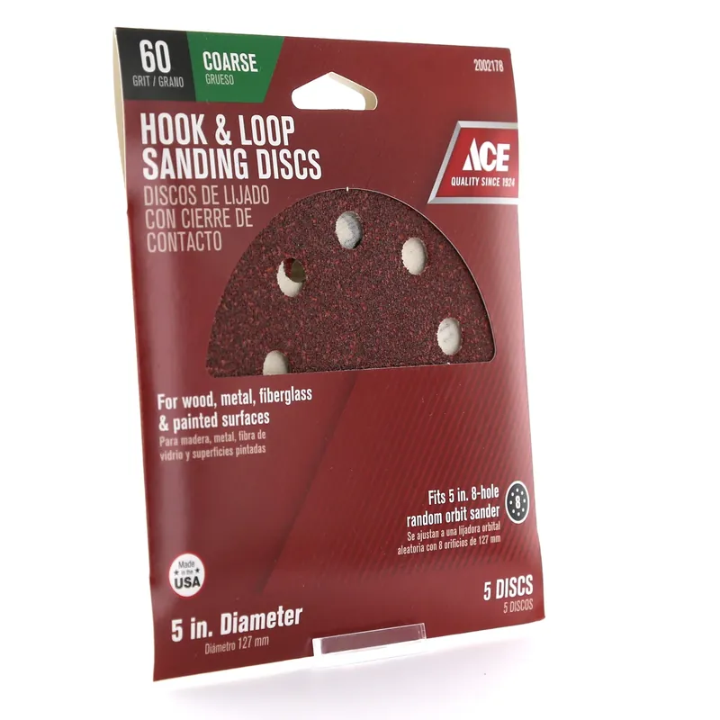 Ace 5 In. Aluminum Oxide Hook And Loop Sanding Disc 60 Grit Coarse 5 Pk