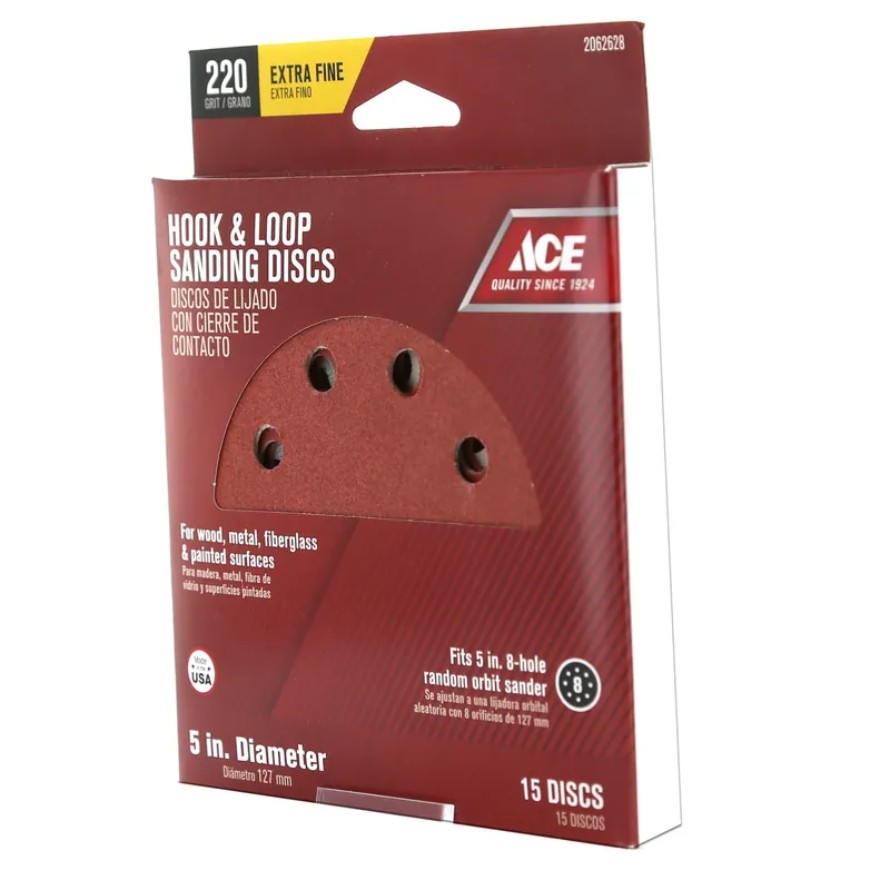 Ace 5 In. Aluminum Oxide Hook And Loop Sanding Disc 220 Grit Very Fine 15 Pk