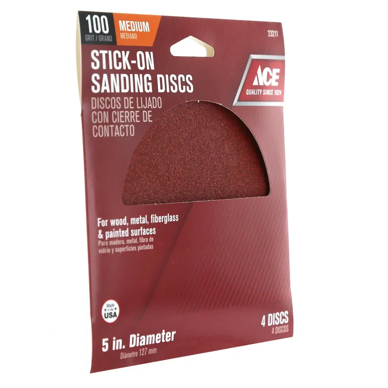 Ace 5 In. Aluminum Oxide Adhesive Sanding Disc 100 Grit Medium 4 Pk