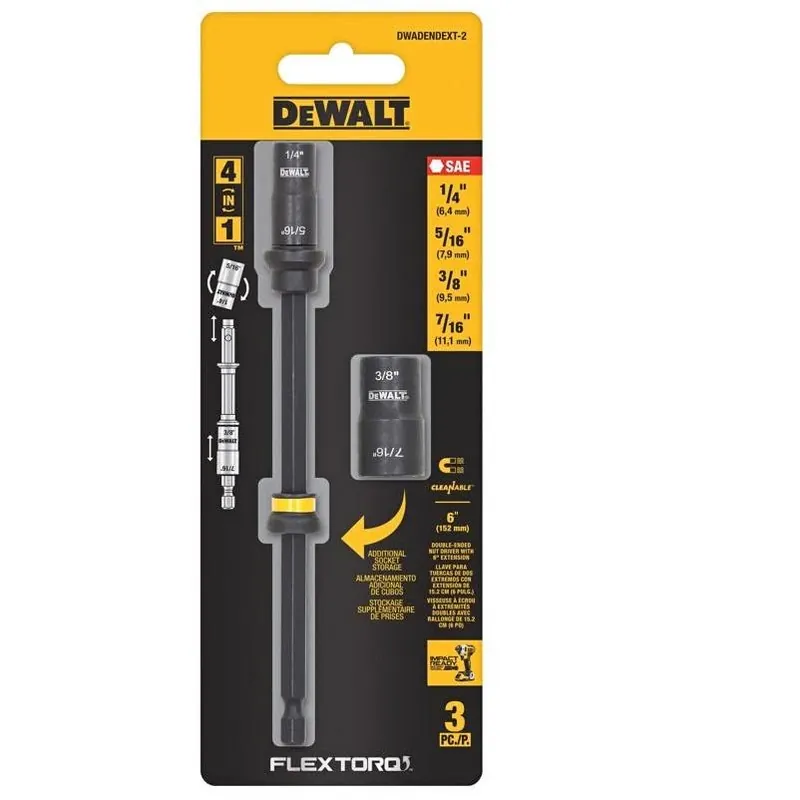 DEWALT FlexTorq 4‑in‑1 Double‑Ended Nut Driver – 6‑in. Hex Shank With 1/4‑, 5/16‑, 3/8‑ & 7/16‑in. Drives