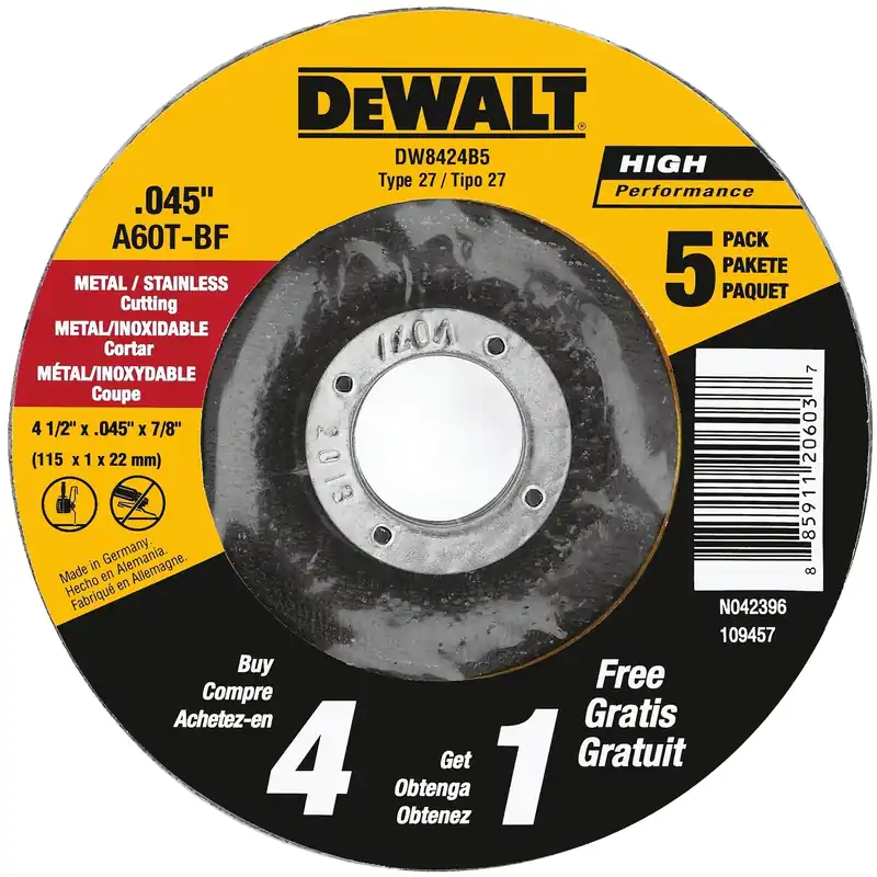 DeWalt 4-1/2 In. D X 7/8 In. X .045 In. Thick Aluminum Oxide Cut-Off Wheel 5 Pc