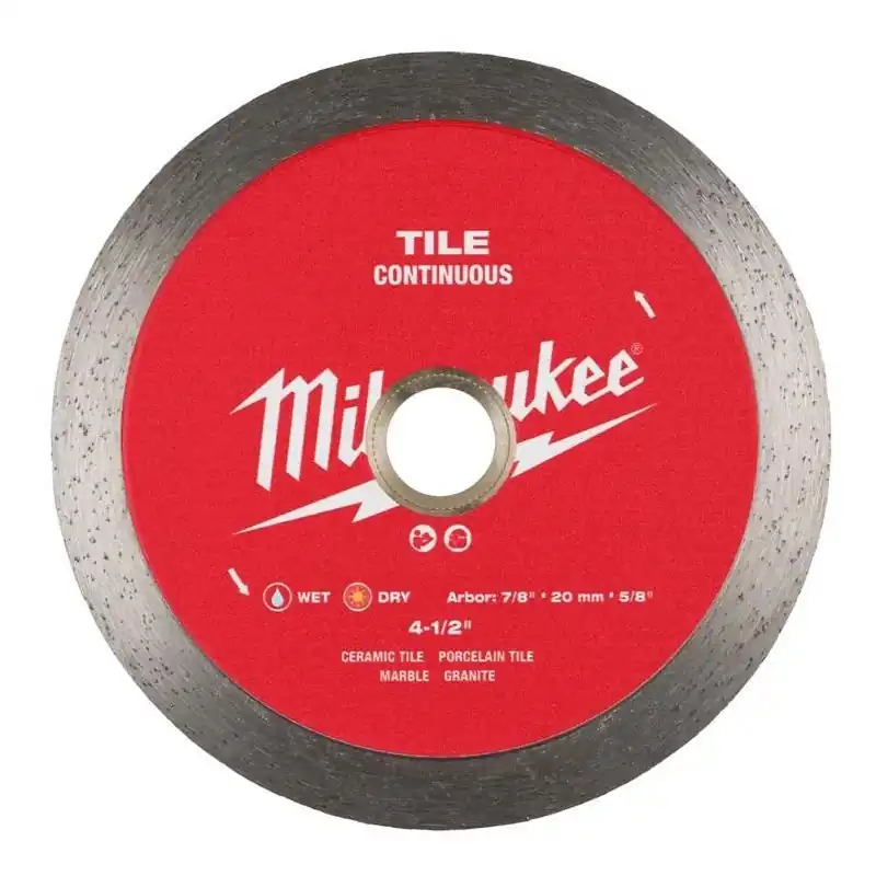 Milwaukee 4‑½‑in Continuous Rim Diamond Saw Blade – 7/8‑in Arbor, Wet/Dry Tile Cutting