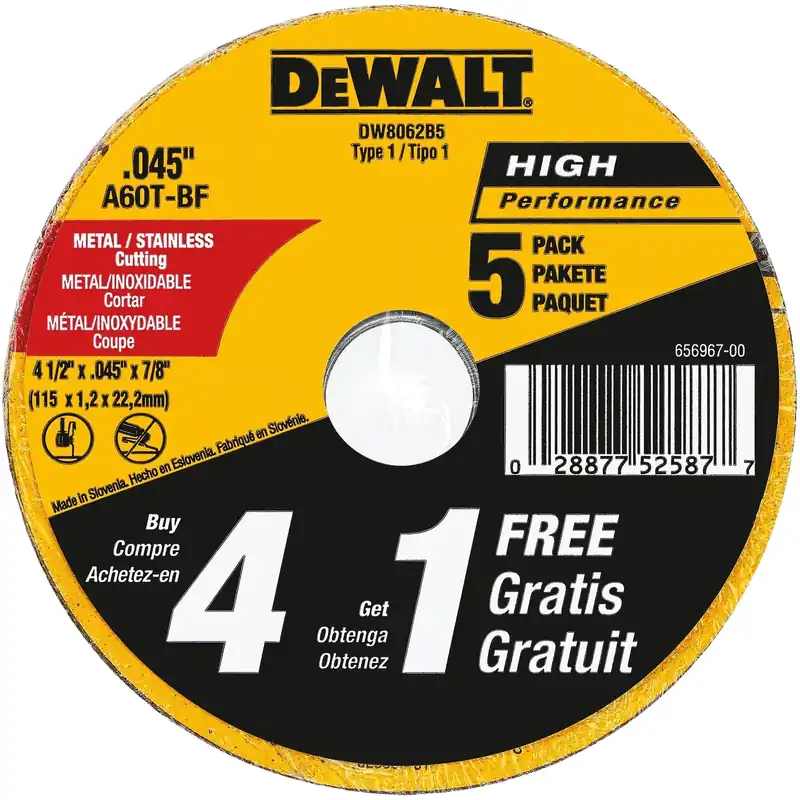 DeWalt 4-1/2 In. D X 7/8 In. X .045 In. Thick Aluminum Oxide Cutting Wheel 5 Pk