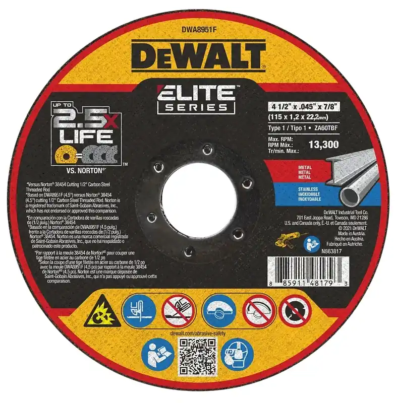DeWalt Elite Series 4-1/2 In. D X 7/8 In. X 0.045 In. Thick Ceramic Cutting Wheel 1 Pk
