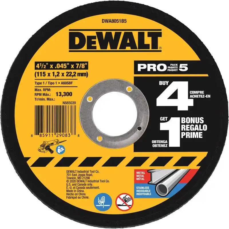 DeWalt 4-1/2 In. D X 7/8 In. X .045 In. Thick Cutting/Grinding Wheel 5 Pk