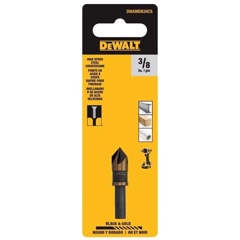 DEWALT 5‑Flute 3/8" Countersink Drill Bit – 1/4" Shank, Black & Gold, 1.6" Length – Premium HSS For Metal, Wood & Plastics