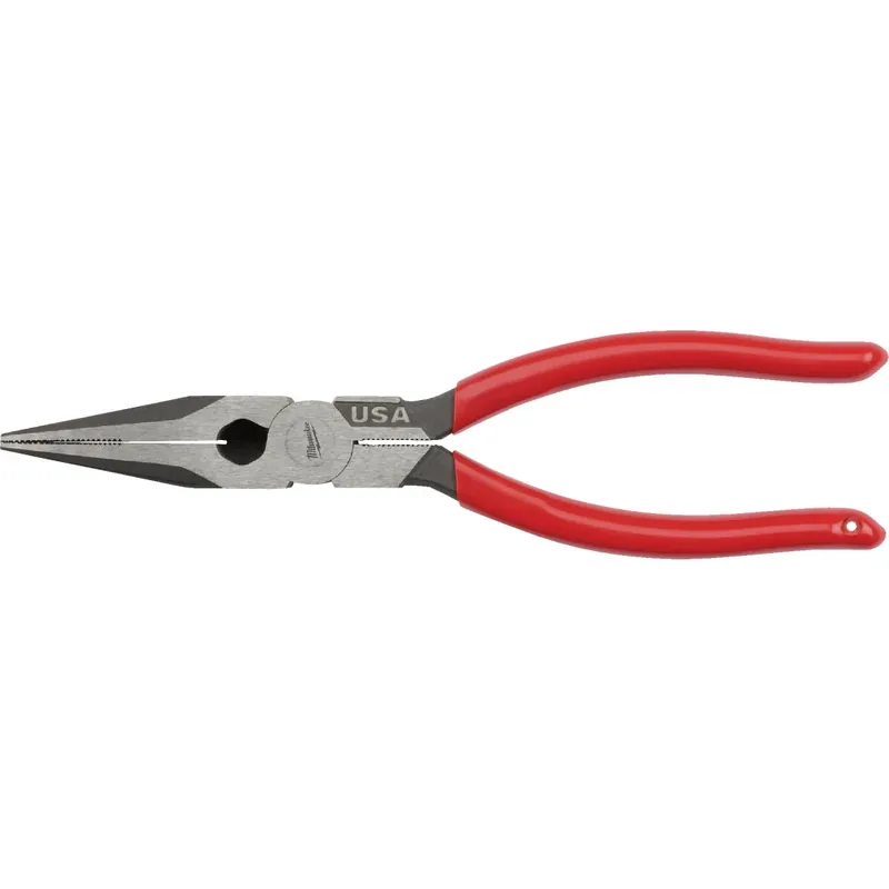 8 In. Dipped Grip Long Nose Pliers With Reaming Head And Fish Tape Puller
