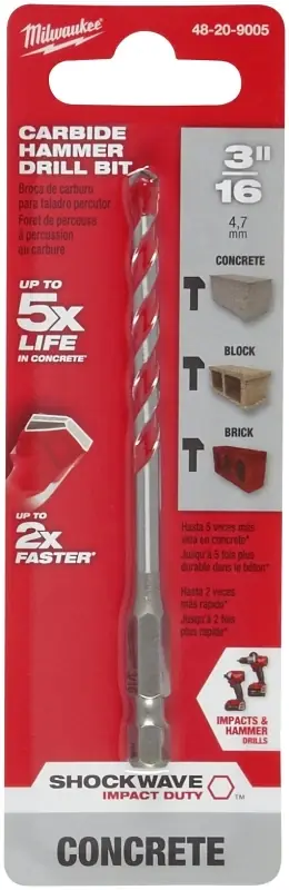 Milwaukee Shockwave 3/16 In. X 4 In. L Carbide Hammer Drill Bit Hex Shank 1 Pk