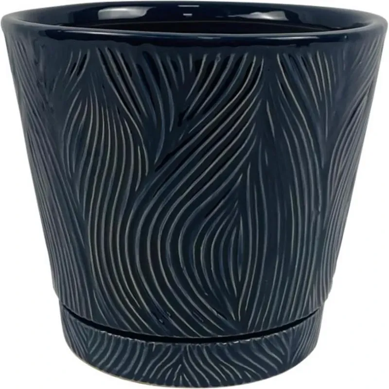 Denim‑Hue Ceramic Round‑Cone Planter – 7" × 8" With Drainage Saucer