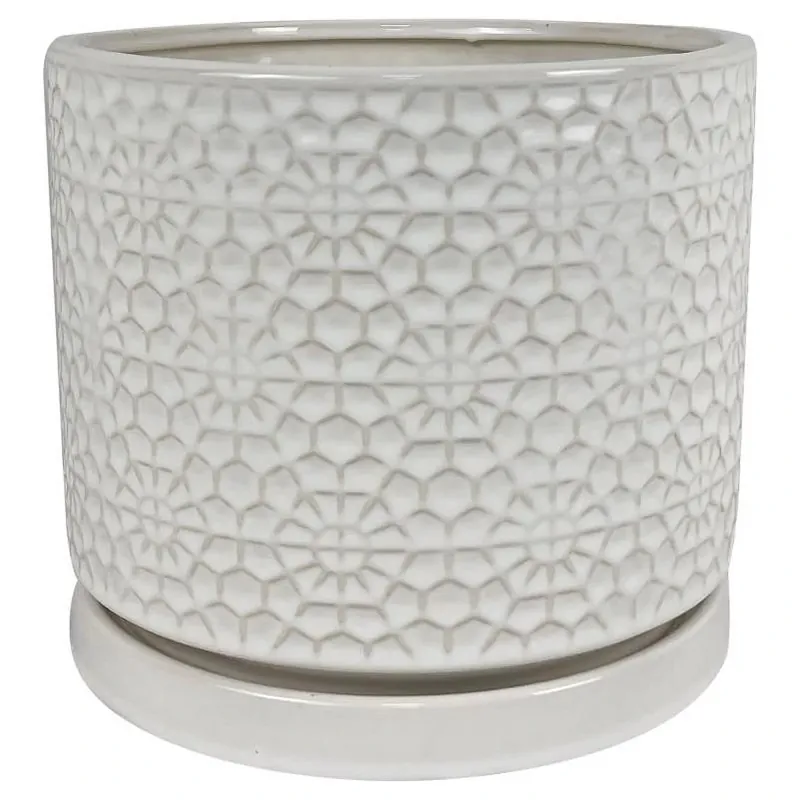 Border Concepts 10‑Inch White Ceramic Amelia Planter With Matching Saucer – Indoor Decorative Pot