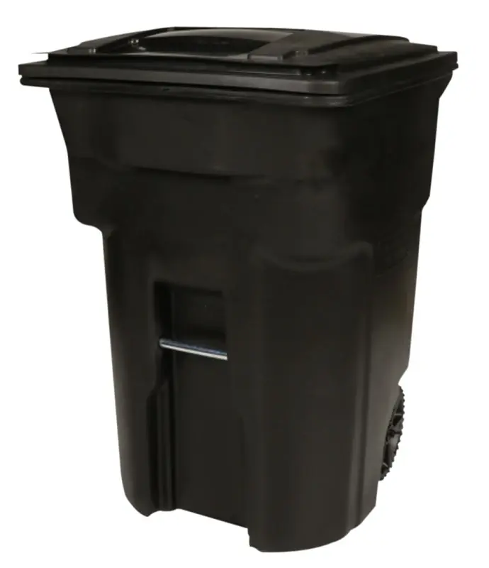 Wheeled Trash Can, Attached Lid, Black, 96 Gallons