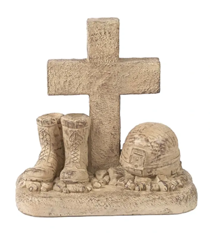 Athens Stonecasting Soldier Boots/Helmet At Cross Concrete Garden Statue